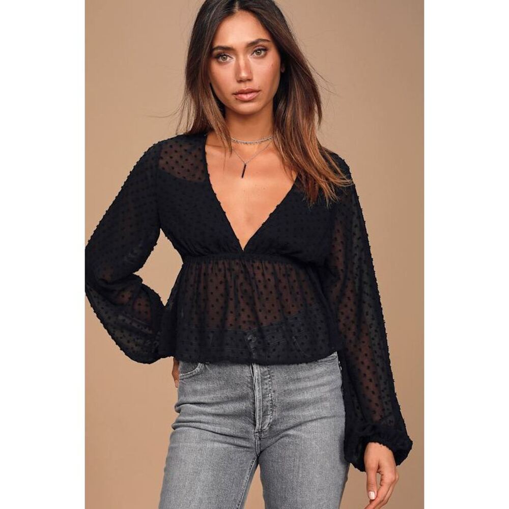 Lulus Got The Love Black Swiss Dot Balloon Sleeve Peplum Top - Size XS